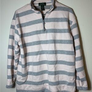 Lauren Ralph Lauren 100% Cotton Striped 1/4 Zip Pullover Sweater Pink Gray M